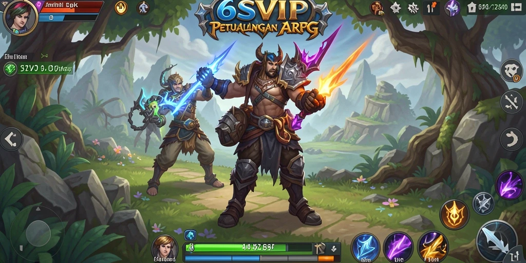 Screenshot gameplay ARPG dari 6SVIP menunjukkan pertempuran epik dan karakter yang kuat.
