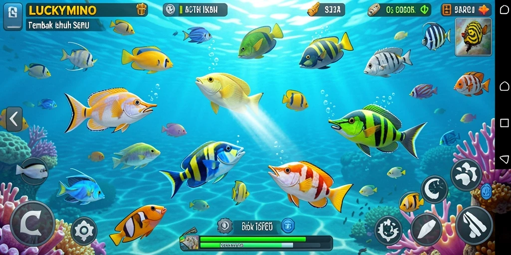 Screenshot gameplay seru di LUCKYMINO saat menembak ikan.